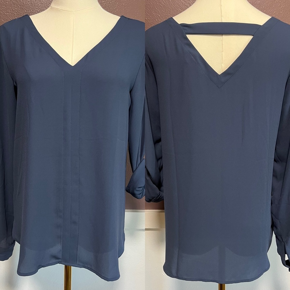 LOFT Blue Blouse Roll Cuff Sleeve